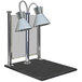 A Hanson Heat Lamps chrome carving station with a sneeze guard and a pair of lamps on a stand.