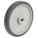 A gray wheel with a white rubber rim.