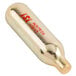 A gold metal cylinder with red text reading "Soda Chargers"
