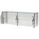 An Advance Tabco glass and metal food shield on a counter with glass shelves.