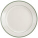 A white Homer Laughlin china plate with green bands on the edge.