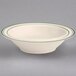 A white bowl with green stripes on the rim.