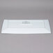 A white rectangular porcelain platter with a black logo on it.