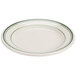 A white Homer Laughlin china plate with a rolled edge and green bands.