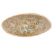 A white porcelain canoe-shaped bowl with brown speckles.