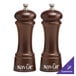 A brown walnut salt and pepper mill set with white text.