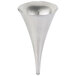 A close-up of a Franmara stainless steel decanter funnel.