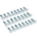 A row of hex head screws on a white background.