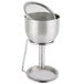 A Franmara stainless steel decanter funnel set on a table stand with a sieve.