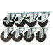 A set of eight Avantco plate casters with black rubber wheels and steel mounts.