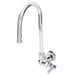 A chrome Equip by T&S wall mounted faucet with a gooseneck spout and lever handle.