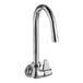 A silver Equip by T&amp;S wall mounted faucet with a gooseneck spout and lever handle.