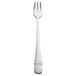 A silver fork with a white handle.