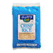 A blue and white bag of Crisp Rice Cereal with a label.