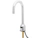 A silver Equip by T&S deck mounted sensor faucet with a rigid gooseneck spout.