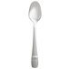 A Oneida stainless steel demitasse spoon with a white handle and silver rim on a white background.