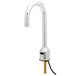 A silver Equip by T&amp;S deck mounted sensor faucet with a black and gold tip on a white background.