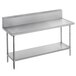 A stainless steel Advance Tabco work table with undershelf and backsplash on a counter.