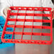 A person holding a red plastic tray with holes.