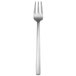 A silver fork with a black handle on a white background.