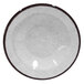 A white melamine bowl with a brown rim.