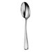 A close-up of a Oneida Perimeter stainless steel dessert spoon with a long handle.