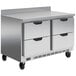 A Beverage-Air stainless steel worktop freezer with four drawers.