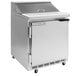 A Beverage-Air stainless steel refrigerated sandwich prep table with a left hinged door on wheels.