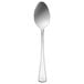 A Oneida Lonsdale stainless steel oval bowl spoon with a white handle on a white background.