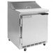 A silver stainless steel Beverage-Air refrigerated sandwich prep table with a left hinged door.