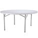 A Lancaster Table & Seating white round plastic folding table with metal legs.