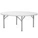 A Lancaster Table & Seating white round folding table with metal legs.