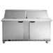 A silver Beverage-Air refrigerated sandwich prep table with two doors.