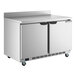 A stainless steel two-door ADA-height worktop refrigerator with a backsplash and casters.