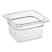 A Carlisle clear plastic food pan with a lid.