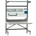 A white Metro SmartLever workcenter with a metal shelf and basket on top.