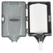 A white plastic Merfin mini center pull towel dispenser with black edges.