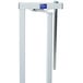 A white metal Bulman vertical paper rack with a metal bar.