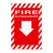 A red and white Buckeye Fire Extinguisher sign with white text and a white arrow.