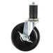 A black caster wheel with a metal plate and silver metal stem.