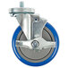 A blue and grey metal wheel with a metal screw.