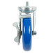 An Advance Tabco enclosed base table swivel caster with a blue wheel and metal screw.