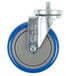 A blue and grey wheel with a metal plate and screw.