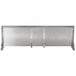 A stainless steel Vulcan high shelf with metal brackets and a metal board with holes.