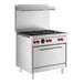 A stainless steel commercial 6-burner range with an oven and backsplash, designed for liquid propane use.
