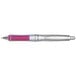 A close-up of a Pilot Dr. Grip Center of Gravity ballpoint pen with a silver and pink barrel and a red tip.