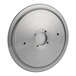 A stainless steel circular blade with holes.
