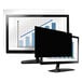 A computer monitor with a Fellowes PrivaScreen showing a graph.