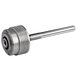 A metal tool with a long handle, including a stainless steel cylinder and metal blade pulley.