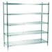 A green Metroseal 3 wire shelving unit with four shelves.